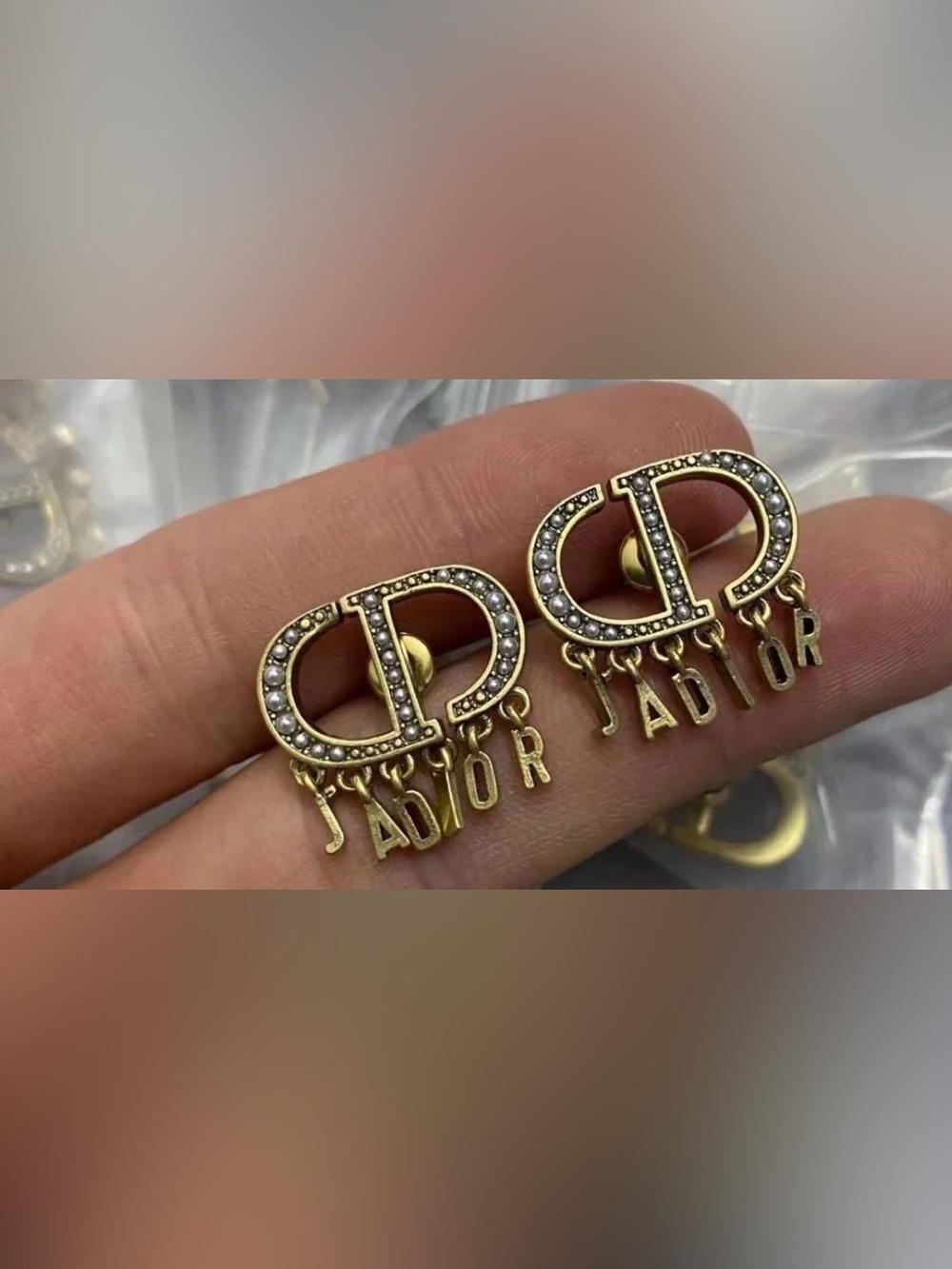 Dior Gold-Tone CD J'Adior Logo Drop Earrings with Pearled Accents
